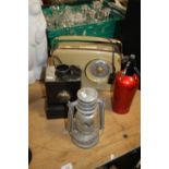 A VINATGE BUSH RADIO, PARAFIN LAMP, SODA SYPHON ETC.