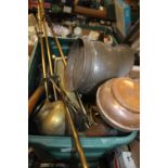 A LARGE TUB OF COPPER AND BRASS TO INCLUDE BEDPAN, COMPANION SET, COAL SCUTTLE, CANDLESTICKS ETC.