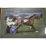 A LARGE FRAMED PHOTOGRAPH OF HARNESS RACING, 103 X 80 CM