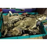 A BOX OF BRASS ORNAMENTS ETC.