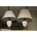 A PAIR OF CERAMIC LAMPS WITH SHADES