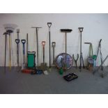 A QUANTITY OF GARDEN TOOLS TO INCLUDE SPADES, FORKS, RAKES ETC.