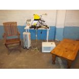 A MICROWAVE OVEN, BOXED KARCHER STEAMER, FOLD AWAY CEDAR WOOD GARDEN CHAIR, AN OIL FILLED HEATER AND