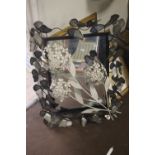 A MODERN MIRROR DECORATED WITH BUTTERFLIES TOGETHER WITH A WALL ART FLOWER A/F