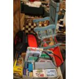 A TRAY OF PLAYING CARDS, DOMINO SETS, CHESS SET, POSTCARDS, TWO CHESS BOARDS, GREENCAT BINOCULARS