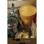 A TRAY OF KITCHENALIA TO INCLUDE STAINLESS STEEL WEIGHING SCALES, CHINA, COFFEE POT ETC.