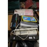 A BOX OF ELECTRICALS INCLUDING MORPHY RICHARDS STEAM IRON, BOXED CRITERION IRON AND THREE RADIOS -