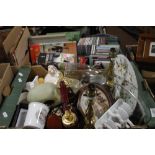 TWO TRAYS OF SUNDRIES TO INCLUDE PUSH BUTTON REPRODUCTION TELEPHONE, PAIR OF MATCHING BRASS TABLE