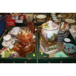 TWO TRAYS OF CERAMICS TO INCLUDE A CONTINENTAL TWIN HANDLED LIDDED VASE, A/F, IMARI STYLE PLATES,