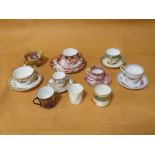 A COLLECTION OF ANTIQUE AND LATER CUPS AND SAUCERS ETC TO INCLUDE A ROYAL CROWN DERBY TRIO,