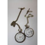 A HALLMARKED SILVER POCKET WATCH, TOGETHER WITH ANOTHER BOTH WITH ALBERT CHAINS