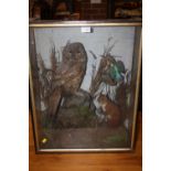 A GLASS CASED TAXIDERMY STUDY OF N OWL, RED SQUIRREL AND A KING FISHER, H 66.5 CM, W 53 CM D 19 CM