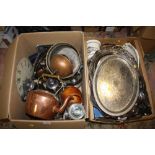 TWO TRAYS OF ASSORTED METALWARE TO INCLUDE A COPPER KETTLE, TWIN HANDLED SERVING TRAYS ETC