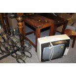 A VINTAGE PHILIPS PORTABLE TV, TOGETHER WITH TWO WOODEN STOOLS, WINE RACK ETC.