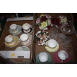 TWO TRAYS OF ASSORTED CERAMICS AND GLASSWARE TO INCLUDE AYNSLEY CUPS AND SAUCERS, MAJESTIC HARLEQUIN