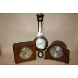 TWO VINTAGE MANTEL CLOCKS TO INCLUDE AN OAK CASED ANVIL EXAMPLE, TOGETHER WITH A REPRODUCTION