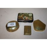 A BRASS BOOK SHAPED VESTA CASE TOGETHER WITH TWO BRASS LIDDED BOXES AND A CIGARETTE CASE (4)