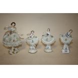 THREE CONTINENTAL STYLE BALLERINA FIGURES WITH GOLD ANCHOR STAMPS TO REVERSE TOGETHER WITH A