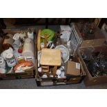 FOUR BOXES OF ASSORTED CERAMICS AND SUNDRIES, GLASSWARE ETC.