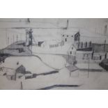 AN UNFRAMED PENCIL SKETCH OF A MINING TOWN SCENE IN THE STYLE OF LAURENCE STEPHEN LOWRY BEARS SIGNA