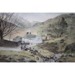 A FRAMED AND GLAZED PRINT OF A MOUNTAINOUS LANDSCAPE WITH A FIGURE DRIVING SHEEP BY ALAN INGHAM