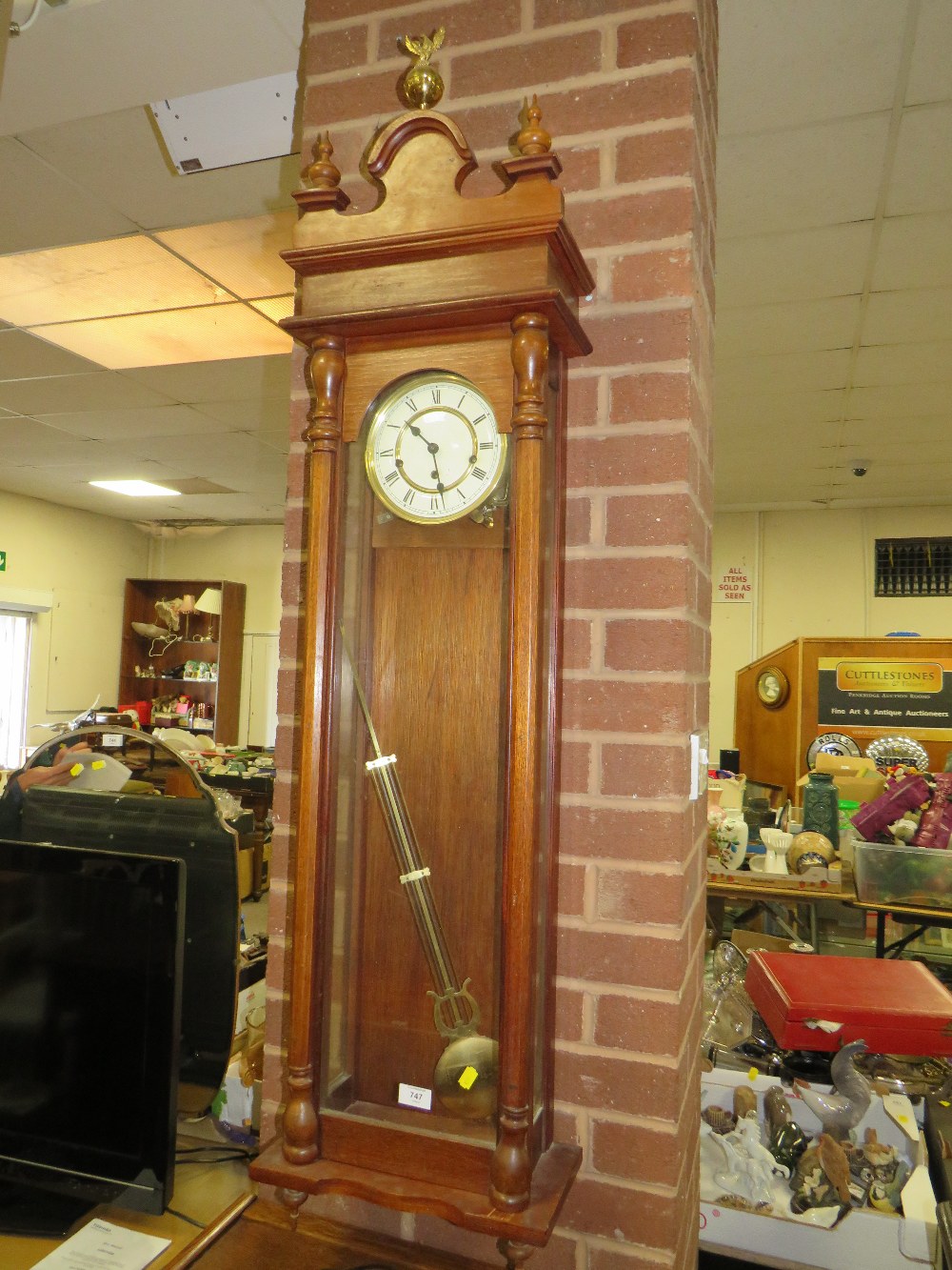 A MODERN MAHOGANY CASED VIENNA STYLE WALLCLOCK H-144 CM