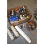 A BOX OF COLLECTABLES TO INCLUDE A VINTAGE COOKING PAN, WALKING STICK, LAMP ETC.
