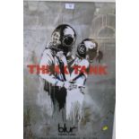 A FRAMED AND GLAZED BANKSY BLUR THINK TANK PRINT OVERALL SIZE INC FRAME - 80.5CM X 55.5CM