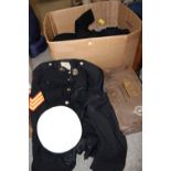 A QUANTITY OF MILITARY UNIFORM ITEMS, AMMUNITION BOX ETC