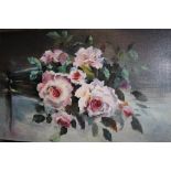 AN UNFRAMED OIL ON BOARD STILL LIFE STUDY OF ROSES IN A VASE, SIGNED ROYLE LOWER LEFT, 61 CM BY 38