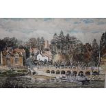 A FRAMED AND GLAZED WATERCOLOUR ENTITLED ARLEY FERRY (WORCS) SIGNED R W DICKENS LOWER CENTRE - 50.5