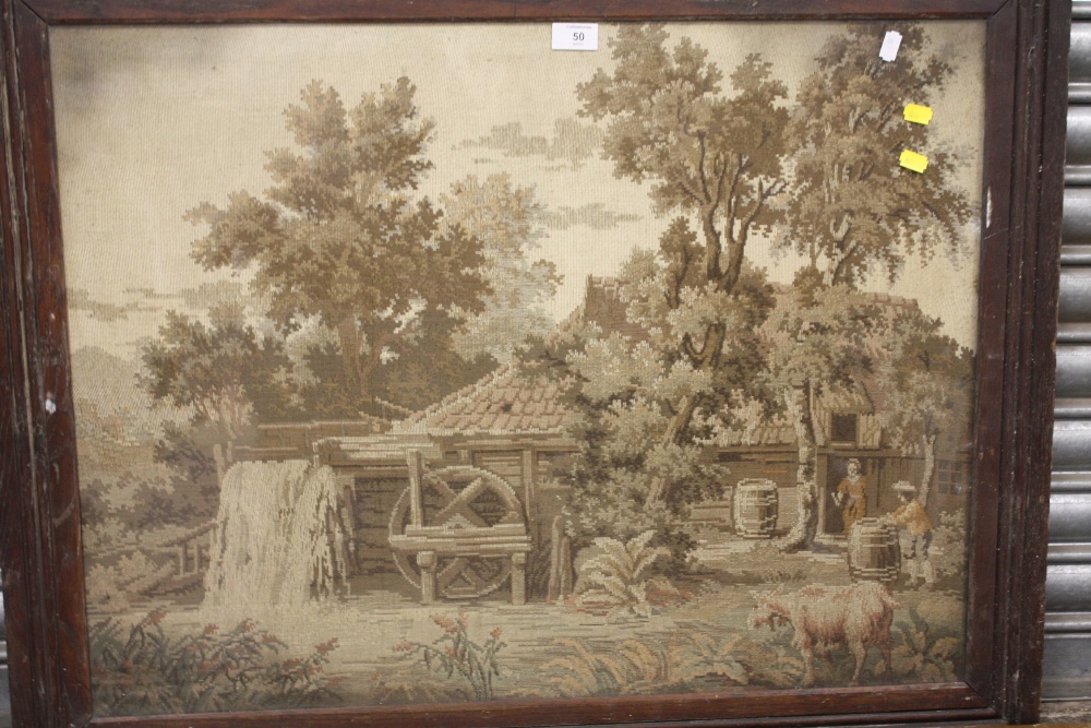 AN ANTIQUE OAK FRAMED AND GLAZED TAPESTRY DEPICTING A WATERMILL TOGETHER WITH A GILT FRAMED - Image 2 of 3