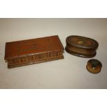 A FLORALLY INLAID MAHOGANY TRINKET BOX TOGETHER WITH A CARVED OAK MUSIC BOX AND A STRING BOX