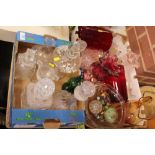 TWO TRAYS OF ASSORTED GLASSWARE TO INCLUDE BOXED WHITEFRIARS SUNDAE GLASSES, STUDIO GLASS