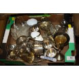 A BOX OF SILVER PLATED METALWARE ETC