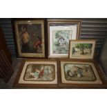 A COLLECTION OF PICTURES AND PRINTS TO INCLUDE A PAIR OF OAK FRAMED ANTIQUE STYLE PRINTS OF INTERIOR