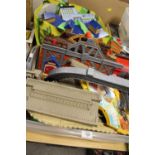 TWO BOX AND A BAG OF RAILWAY TOYS TO INCLUDE THOMAS THE TANK AND WOODEN BRIO STYLE EXAMPLES