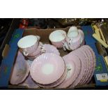 A SMALL TRAY OF HAND PAINTED PINK FRILLED AYNSLEY CHINA TO INCLUDE TRIOS