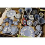 TWO TRAYS OF WEDGWOOD JASPERWARE TO INCLUDE CANDLESTICKS, CUPS AND SAUCERS ETC