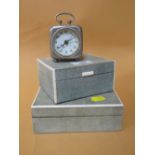 TWO SHAGREEN TYPE CIGARETTE BOXES TOGETHER WITH A VINTAGE TRAVELLING ALARM CLOCK