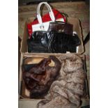 A TRAY OF LADIES HANDBAGS, TOGETHER WITH A TRAY OF FUR STOLES FAUX FUR JACKET ETC.