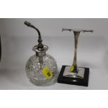 A HALLMARKED SILVER MANICURE SET STAND TOGETHER WITH A CUT GLASS PERFUME SPRAYER WITH STERLING