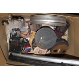 A COLLECTION OF FILM REEL EQUIPMENT TO INCLUDE A BELL & HOWELL PROJECTOR, FILM REELS ETC