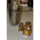 TWO MODERN DECORATIVE GOLD COLOURED CERAMIC MONKEY FIGURES TALLEST HEIGHT - 29.5CM TOGETHER WITH A