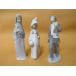 TWO FEMALE LLADRO FIGURES OF A GIRL WITH FLOWERS AND A GIRL WITH BASKET TOGETHER WITH A MALE NAO