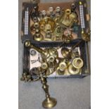 TWO TRAYS OF METAL CANDLESTICKS TO INCLUDE BRASS EXAMPLES