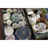 TWO TRAYS OF ASSORTED CHINA AND CERAMICS TO INCLUDE COLCLOUGH, WEDGWOOD JASPERWARE ETC