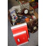 A BOX OF ASSORTED SUNDRIES TO INCLUDE A MANTLE CLOCK, BAROMETER ETC