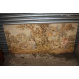 A LARGE UNFAMED WALL HANGING TAPESTRY OF A CLASSICAL SCENE WITH FIGURES - 159 CM BY 73 CM