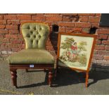 A VICTORIAN MAHOGANY FRAMED BEDROOM CHAIR AND A FIRESCREEN (2)